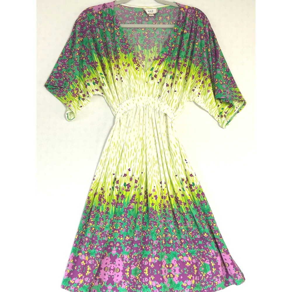 ECI New York Floral V-Neck Empire Waist Dress Purple Green White Size 10
